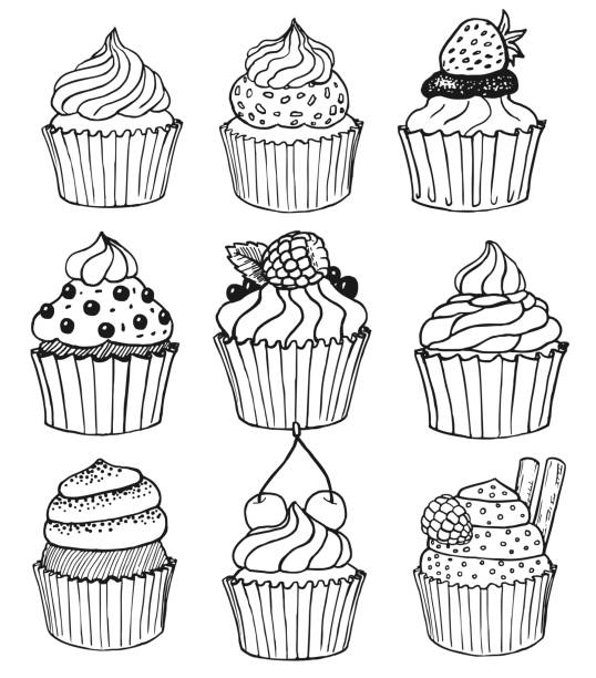 ilustrações, clipart, desenhos animados e ícones de conjunto de doodles vetor de cupcake - muffin