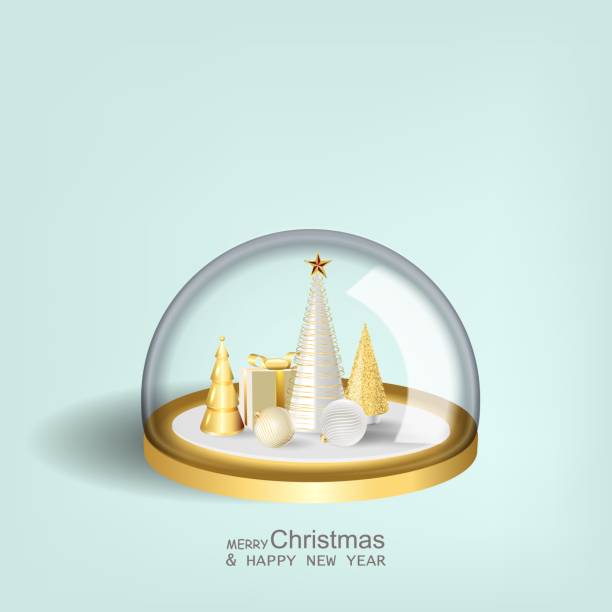 크리스마스 트리와 상자. 유리 스노우 글로브 고립 현실적인 3d 디자인. 축제 의 자말 개체. - snow globe dome glass transparent stock illustrations
