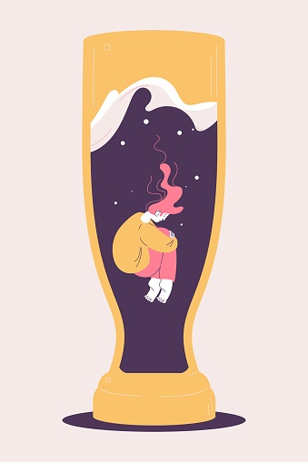 Young depressed woman drowning into beer glass. Concept illustration about alcoholism and heavy drinking