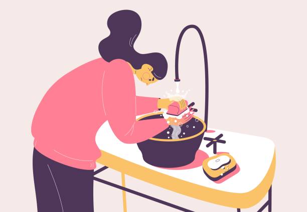 ilustrações de stock, clip art, desenhos animados e ícones de ocd woman cleaning hands. obsessive compulsive disorder about clean and ritual to defeat panic and fear. vector concept illustration about mental health. - obsessive
