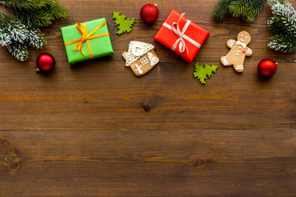 istock Top view of Christmas cookies and gift boxes, flat lay 1289053773