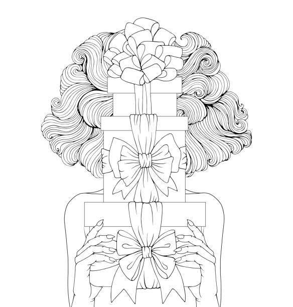 vektor gezeichnete frau mit üppigen lockigen frisur. mädchen halten geschenk-boxen mit bändern und bögen verziert. urlaub präsentiert weihnachten und frohes neues jahr. design-grußkarte. muster-färbungsseite isoliert auf weißem hintergrund - christmas wedding bride winter stock-grafiken, -clipart, -cartoons und -symbole