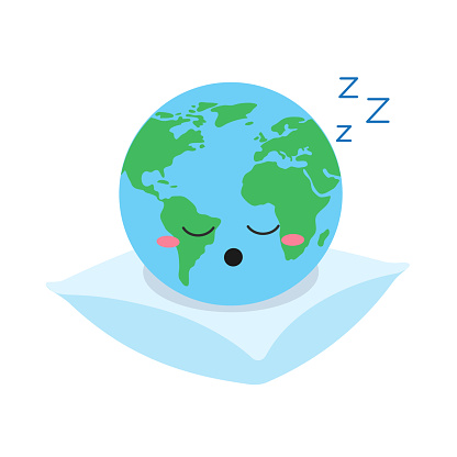 Funny cartoon Earth planet sleeping on a pillow. Vector flat illustration isolated on white background