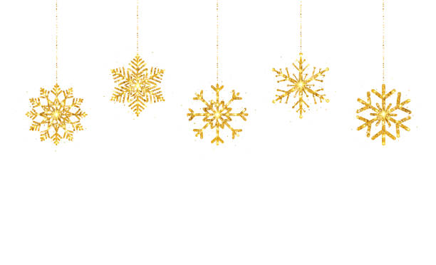 istock Glitter gold hanging snowflakes on white background. Happy New Year border. Luxury greeting card. Christmas golden decoration garland. Holiday party design elements. Vector illustration 1289057020