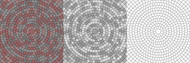 ilustrações de stock, clip art, desenhos animados e ícones de vector set of seamless round pavement textures of street tiles. circle repeating patterns of radial cobble stone material background - circle of stones