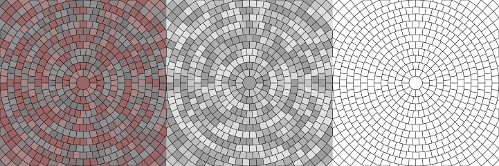 Vector set of seamless round pavement textures of street tiles. Circle repeating patterns of radial cobble stone material background