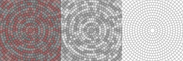 Vector set of seamless round pavement textures of street tiles. Circle repeating patterns of radial cobble stone material background Vector set of seamless round pavement textures of street tiles. Circle repeating patterns of radial cobble stone material background mosaic stock illustrations