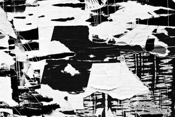 istock Old ripped torn paper crumpled creased posters grunge textures backdrop surface backgrounds placard Black and White 1289059020