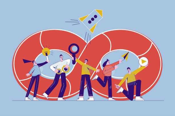 DevOps teamwork concept Programming coding testing launching Software life cycle Modern flat vector illustration DevOps teamwork concept. Young men and women are working. Programming, coding, testing, launching. Software life cycle. Modern flat vector illustration with characters isolated on white background human life cycle cartoon stock illustrations