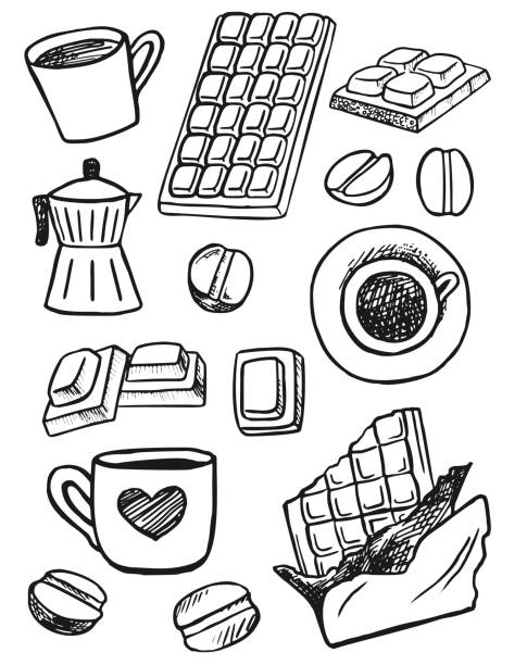 ilustraciones, imágenes clip art, dibujos animados e iconos de stock de set de doodle tema de café - coffee circle coffee bean label