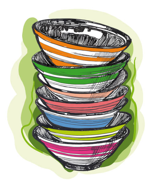 ink, pen. sketch stack of plates