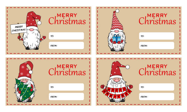 illustrazioni stock, clip art, cartoni animati e icone di tendenza di sei targhette natalizie. gnomi natalizi. spazio per il testo - christmas gift