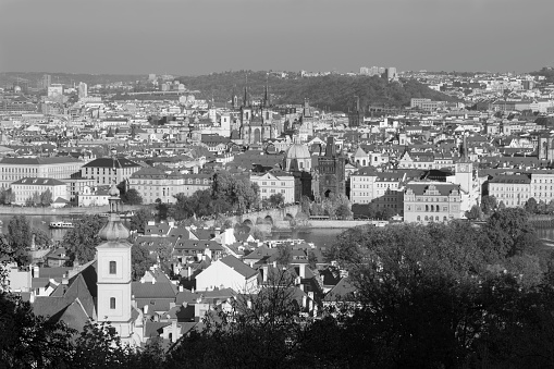Prague - The view over the the city with the Charles bridge and the Old Town  in evening light from Petrin hill.