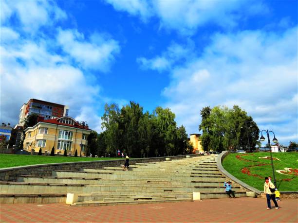 Kirov, Russia - August 23, 2019.Public park (Alexander Garden ) in the city.People walking in park.