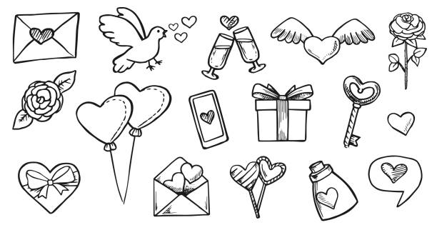 ilustrações de stock, clip art, desenhos animados e ícones de love doodles valentine's day set - blueberry fruit berry berry fruit