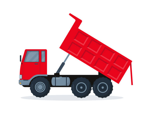 illustrazioni stock, clip art, cartoni animati e icone di tendenza di camion rosso con corpo aperto. - autocarro ribaltabile
