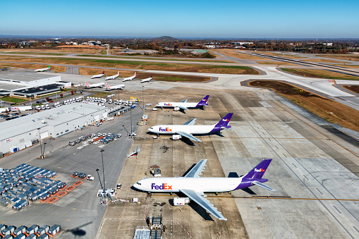 Nashville, United States - November 7, 2020:  Aerial view of Fed Ex cargo planes parked at the terminal ready for loading at Nashville International Airport.