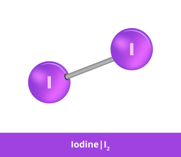 化学薬品のベクトルボールとスティックモデル。ヨウ素分子i2の紫色のアイコンを1つの結合で示す。ヨウ素の構造式は、教育に適しており、白いバックグロールで単離されています。 - healthcare and medicine iodine salt isolated on white点のイラスト素材／クリップアート素材／マンガ素材／アイコン素材