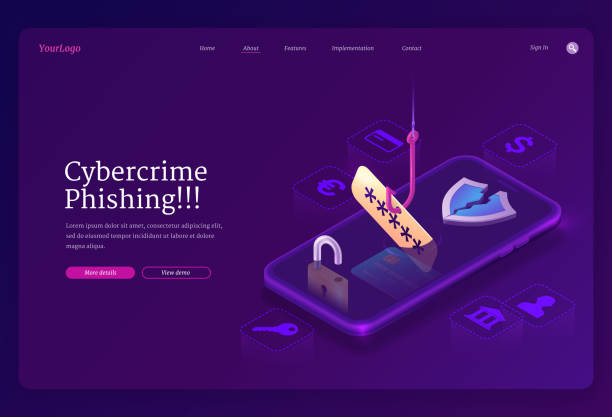Phishing cybercrime isometric landing page, banner Phishing cybercrime isometric landing page. Fishing hook catch account password from smartphone screen. Scammer or fraud theft personal data in internet, hacking cyber crime, 3d vector web banner fishing hook illustrations stock illustrations
