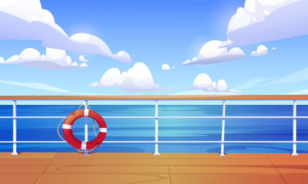 Vector cartoon with cruise ship deck and sea Seascape view from cruise ship deck. Ocean landscape with calm water surface and clouds in blue sky. Vector cartoon illustration of wooden boat deck or quay with railing and lifebuoy boat deck stock illustrations