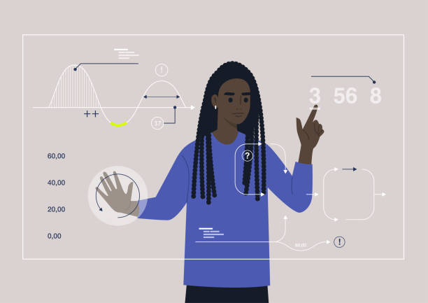科幻技術，一個年輕的男性黑人角色工作全息圖增強現實顯示 - 預測 插圖 幅插畫檔、美工圖案、卡通及圖標