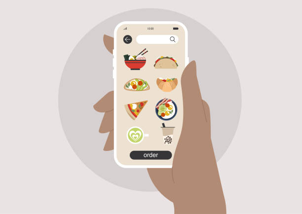 Food delivery mobile app, a choice of ramen, tacos, avocado toast, croissant sandwich, pizza, sunny side up, matcha or boba tea Food delivery mobile app, a choice of ramen, tacos, avocado toast, croissant sandwich, pizza, sunny side up, matcha or boba tea food and drink illustrations stock illustrations