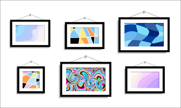 Abstract paintings hang on the wall. Abstract art in a gallery Abstract paintings hang on the wall. Abstract art in a gallery on a white background. Set vector color abstract picture isolated. painting art product stock illustrations