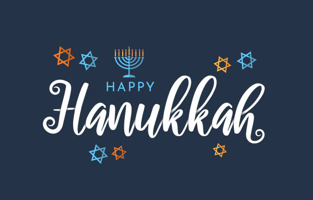 illustrazioni stock, clip art, cartoni animati e icone di tendenza di happy hanukkah lettering su sfondo blu con menorah e stelle. vettore - holiday happiness menorah hanukkah