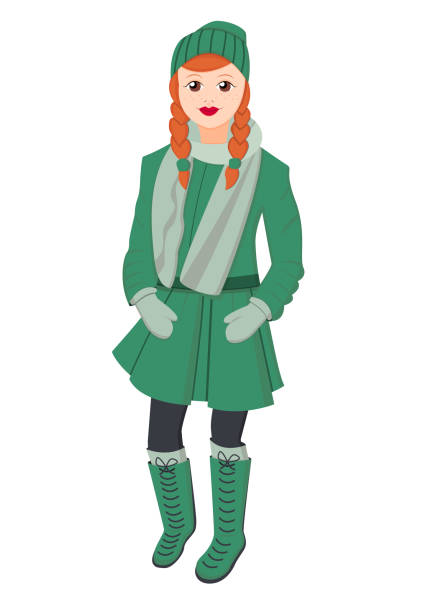 ヨーロッパの女性。三つ編みを持つ若い女性。オレンジ色の髪。18歳から25歳。冬服。暖かい緑のコート、スカートと帽子。グレーのスカーフとミトン。ファッションルック。漫画フラットス - scarf hat green glove点のイラスト素材／クリップアート素材／マンガ素材／アイコン素材
