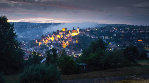 view to altensteig germany by night - forest black forest sky night imagens e fotografias de stock