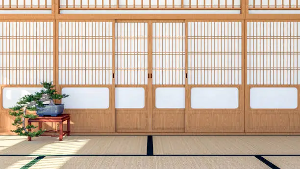 Photo of Empty Japanese traditional style room interior with Shoji sliding door and Tatami mat floor, 3d rendering