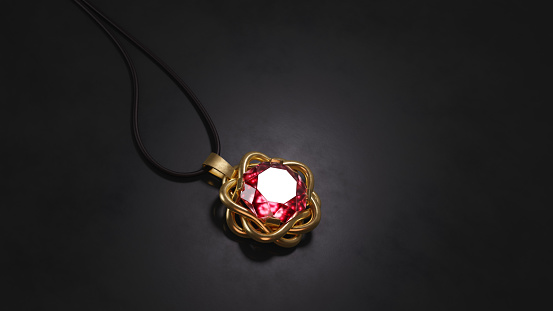 Beautiful ruby jewel necklace on black background, 3D illustration