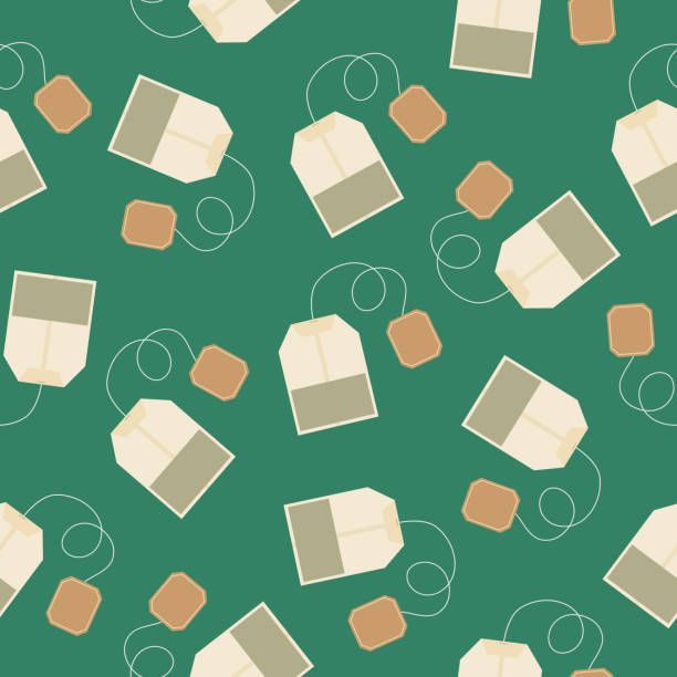 Teabags Seamless Pattern Vector seamless pattern of teabags on a green background. teabag stock illustrations