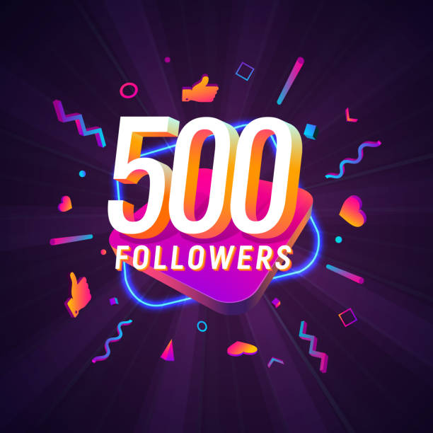 ilustrações, clipart, desenhos animados e ícones de comemoração de 500 seguidores em faixa vetorial de mídia social na internet sobre fundo escuro. quinhentos seguem elementos de design isolados 3d - banner anniversary vector button