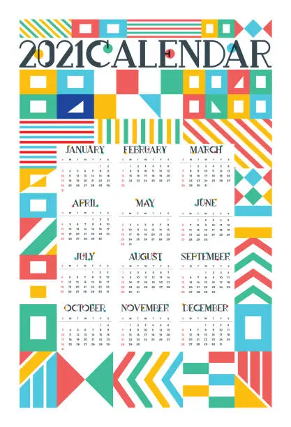 Vector illustration of Calendar for 2021 year in geometric shapes minimal style. Corporate design planner template. Week Starts on Sunday. Set of 12 Months.