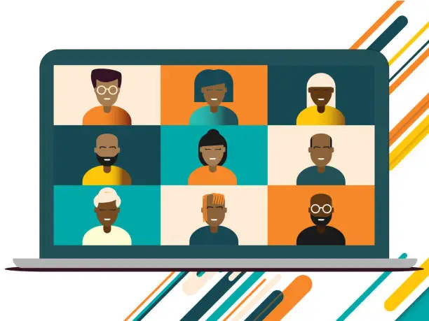 Vector illustration of Illustration of black African American team in video conference call of friends or colleagues on a macbook laptop screen for diverse working from home during lockdown