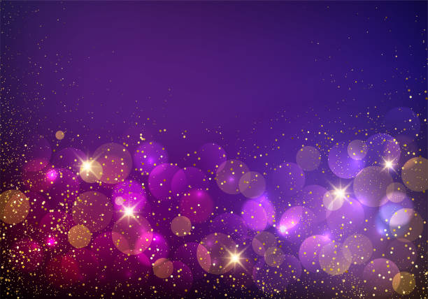 Holiday Abstract shiny color gold design element Holiday Abstract shiny color gold bokeh design element and glitter effect on purple background. For website, greeting, discount voucher, greeting and poster design wallpapers background stock illustrations