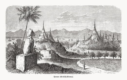 Historical view of Pyay (also known as Prome or Pyè) - principal town of Pyay Township in the Bago Region in Myanmar. The British Irrawaddy Flotilla Company established the current town in the late 19th century on the Irrawaddy as a transshipment point for cargo between Upper and Lower Burma. Wood engraving, published in 1893.