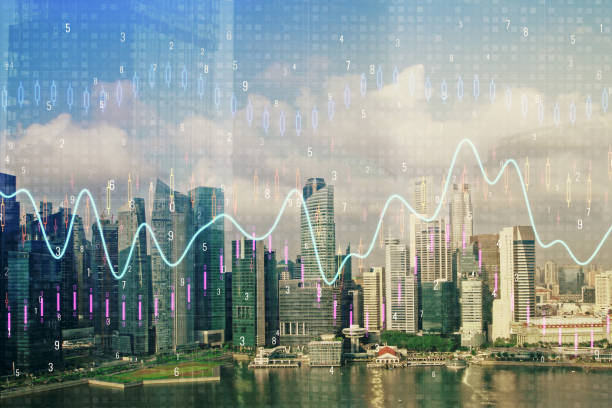 istock Forex chart on cityscape with skyscrapers wallpaper multi exposure. Financial research concept. 1289087879
