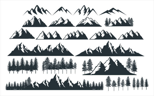 ассорти горных сосновых деревьев вектор графический дизайн шаблон набор для наклейки, украшения, резки и печати файла - гора stock illustrations