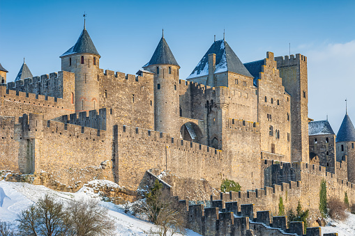 Cite de Carcassonne fortress in the department of Aude, in the region of Occitanie France, during winter. It is a medieval fortress listed as a UNESCO World Heritage Site.