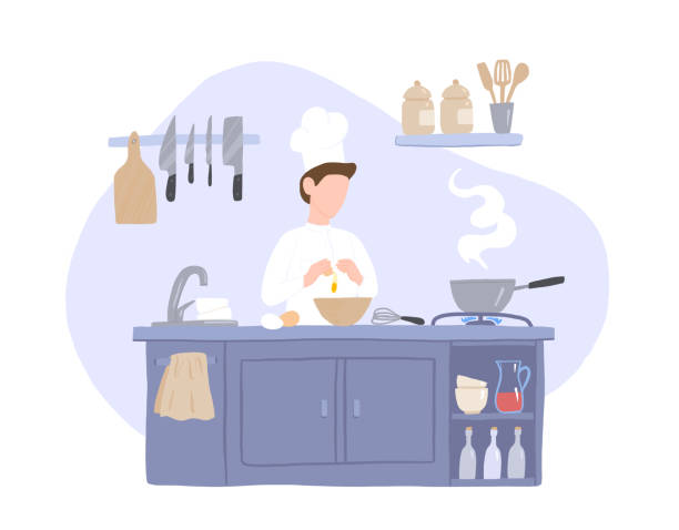 illustrations, cliparts, dessins animés et icônes de le chef prépare la nourriture dans la cuisine - chef men one person cooking