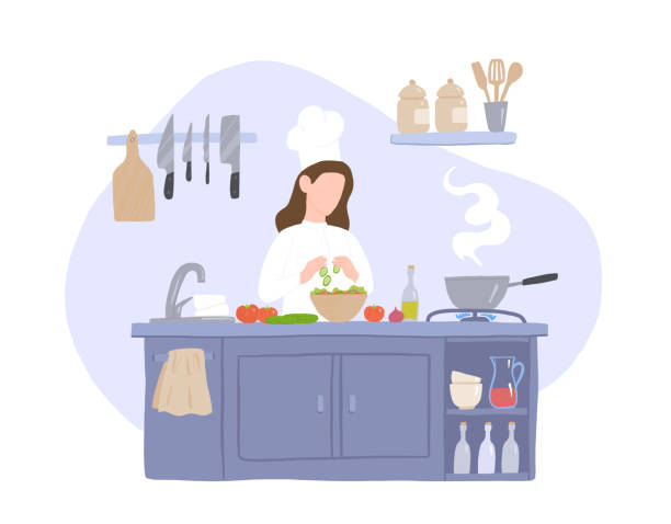 ilustrações de stock, clip art, desenhos animados e ícones de woman cook prepares salad in the kitchen - chef