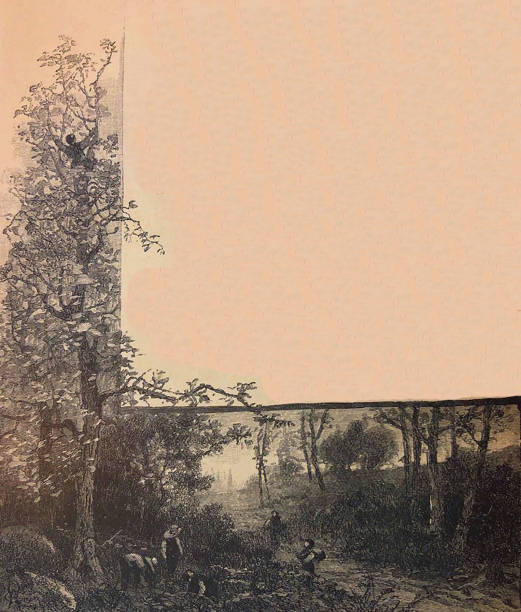 istock Antique illustration - boy up in a tree with other children below looking up with large copy space on right 1289089951
