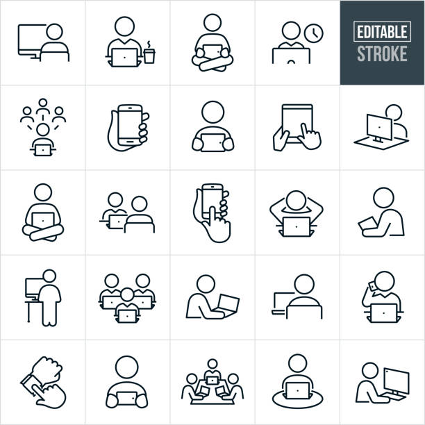 A set of icons showcasing people using computers and devices. The icons include a person working at a desktop computer, businessman working on laptop with a cup of coffee, person sitting on ground with legs crossed using a tablet PC, person on laptop using social media, hand holding a smartphone, person holding tablet PC, person sitting cross legged while using a laptop computer, business person using laptop while meeting with employee, person on laptop with hands behind his head, person using a stand up desk while on computer, a group of employees on laptops, person using a laptop computer, business person on laptop while talking on mobile phone, person checking smartwatch device, business people in boardroom on computers and other related icons.