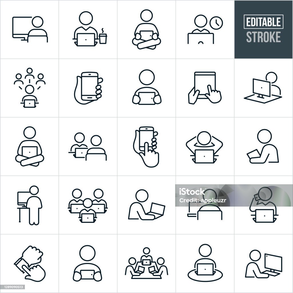Personer som använder datorer och enheter tunn linje ikoner - redigerbar Stroke - Royaltyfri Ikon vektorgrafik