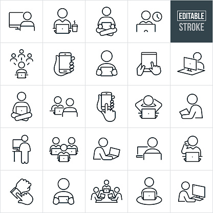 A set of icons showcasing people using computers and devices. The icons include a person working at a desktop computer, businessman working on laptop with a cup of coffee, person sitting on ground with legs crossed using a tablet PC, person on laptop using social media, hand holding a smartphone, person holding tablet PC, person sitting cross legged while using a laptop computer, business person using laptop while meeting with employee, person on laptop with hands behind his head, person using a stand up desk while on computer, a group of employees on laptops, person using a laptop computer, business person on laptop while talking on mobile phone, person checking smartwatch device, business people in boardroom on computers and other related icons.