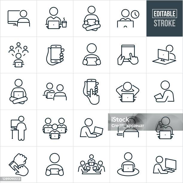 People Using Computers And Devices Thin Line Icons Editable Stroke Stock Illustration - Download Image Now