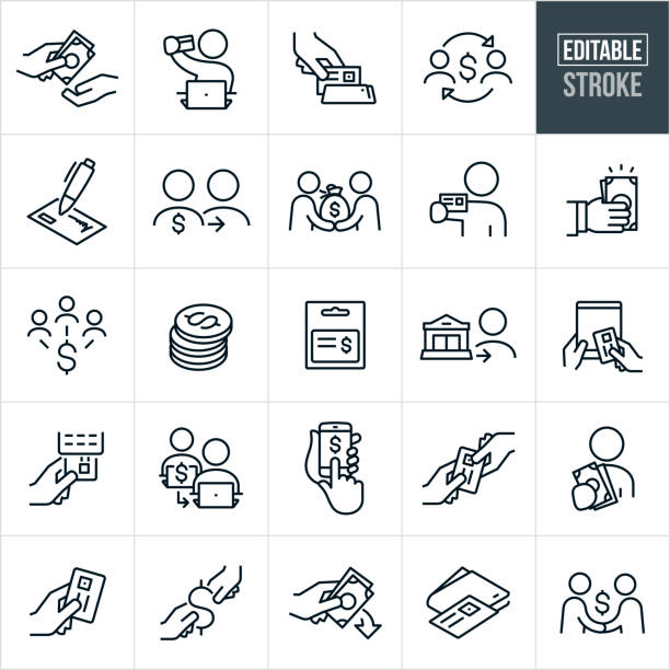 Payment Methods Thin Line Icons - Editable Stroke A set of payment methods icons that include editable strokes or outlines using the EPS vector file. The icons include cash being passed from one hand to another, person at laptop using credit card to make purchase, credit card scanner, check, one person paying another, one person paying another person with a bag of money, person holding out a credit card for payment, hand holding out cash, stack of coins, gift card, bank giving money to person, online transaction using a credit card, electronic payment, using a smartphone to make a payment, person holding cash out for payment, hand holding credit card, down payment, wallet with credit card and two people shaking hands over a financial transaction. coin outline stock illustrations