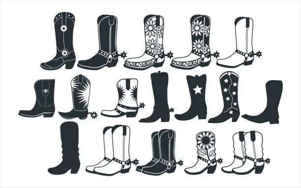 Vector illustration of assorted cowboy boots vector graphic design template set for sticker, decoration, cutting and print file